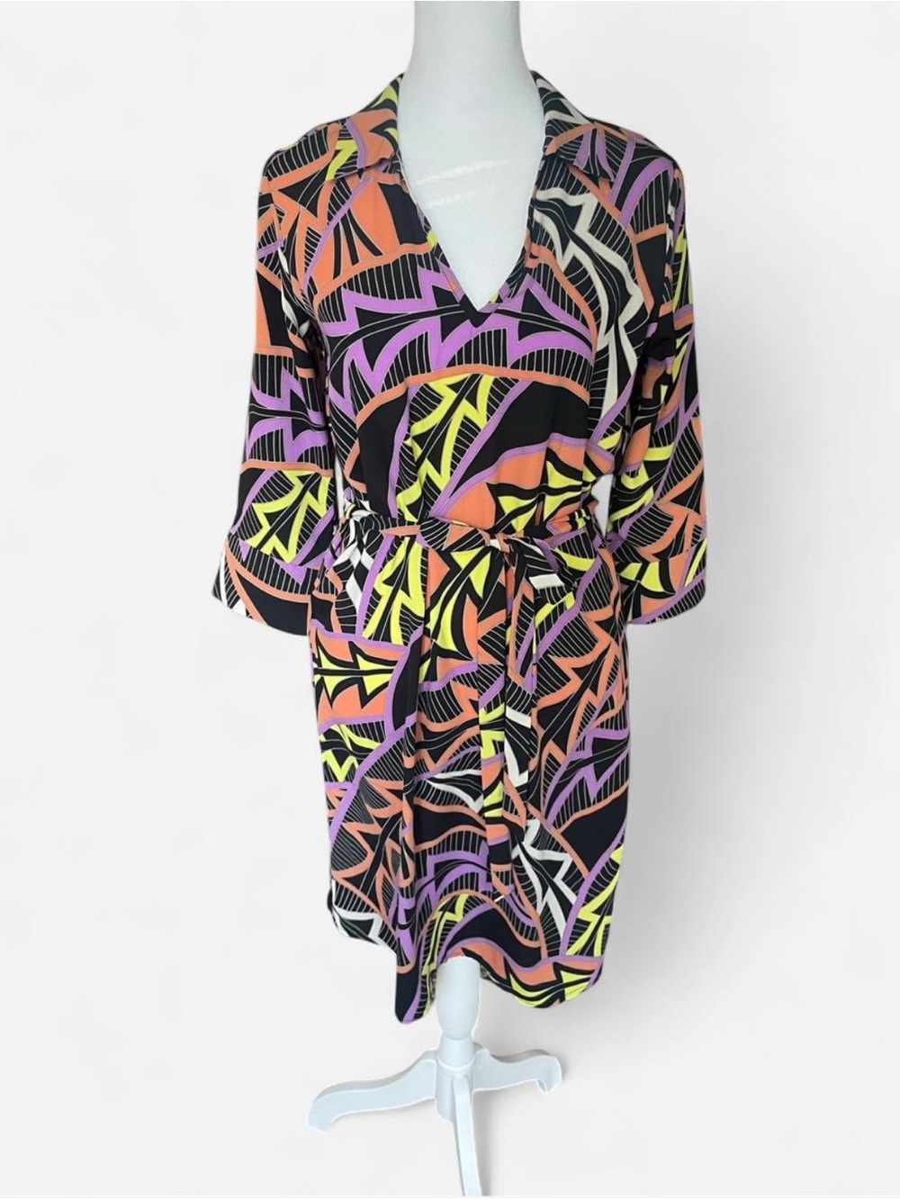 glam Geometric Wrap Midi Dress in Black with Purple, Neon Yellow & Coral